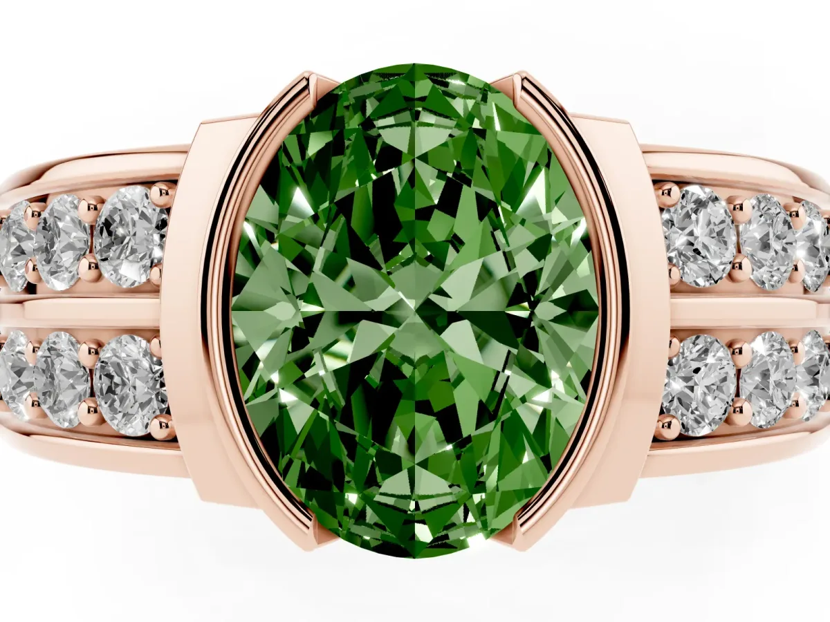 Fancy Green Oval Cut Brilliant Diamond Channel Set Wide Band Ring with Bezel Setting Rose gold