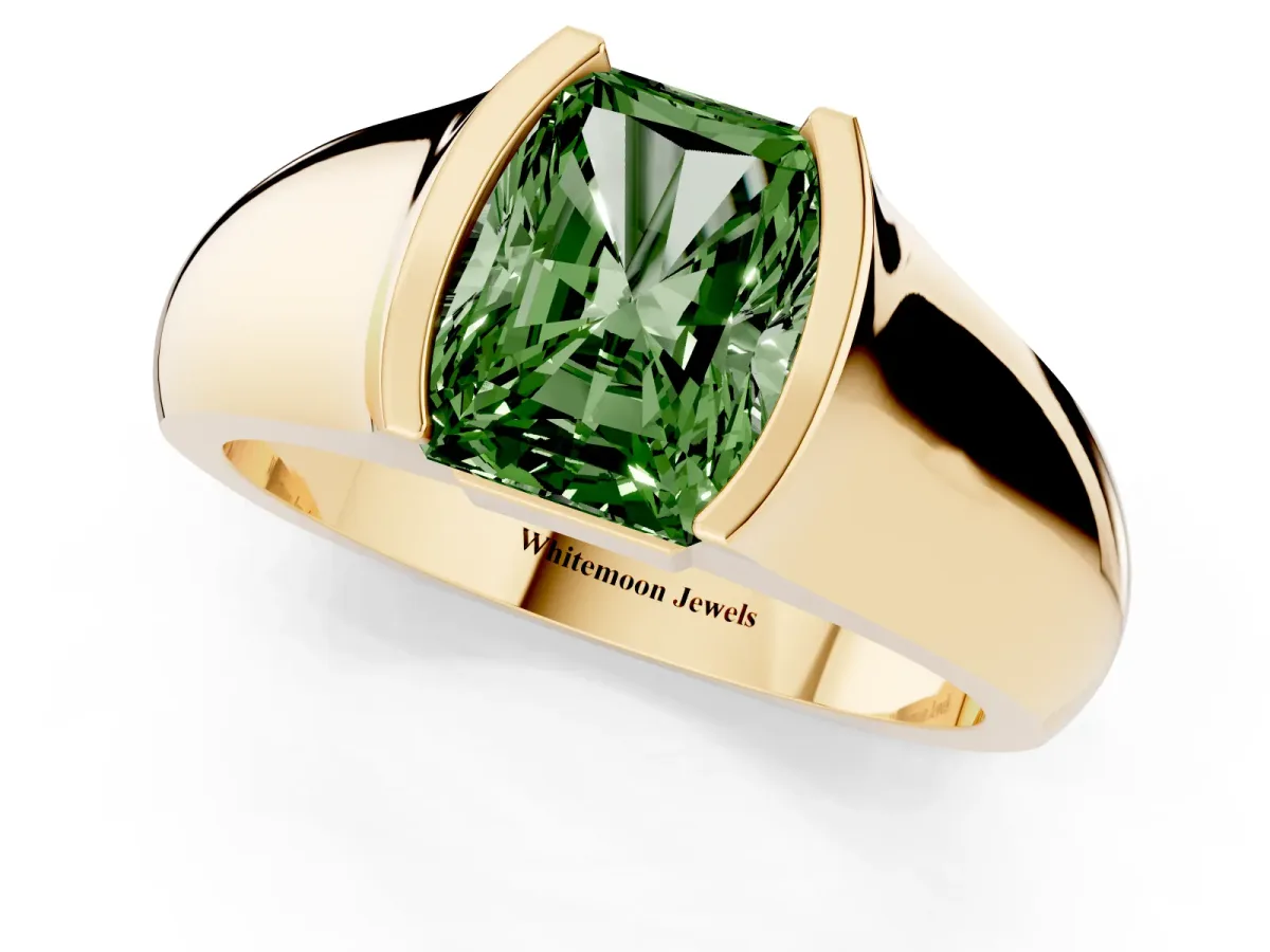 Fancy Green Radiant Cut Solitaire Bezel Set Diamond Ring with Wide Band Yellow gold