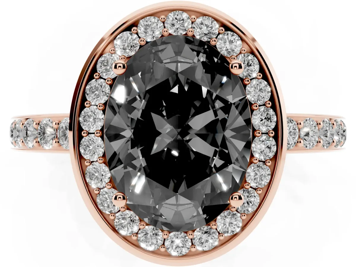 Fancy Black Oval Cut Diamond Halo Ring with Bezel Frame and Pavé Band Rose gold