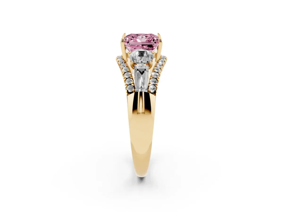 Fancy Pink Three-Stone Princess Cut Diamond Engagement Ring with Pave Band and Prong Setting Yellow gold