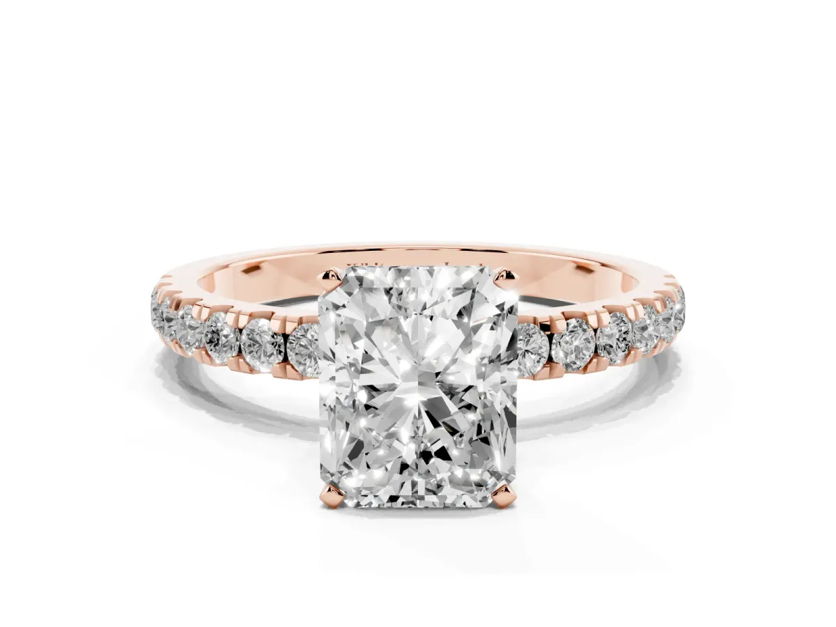 Radiant Cut Diamond Solitaire Ring with Pavé Accents and Four-Prong Setting Rose gold