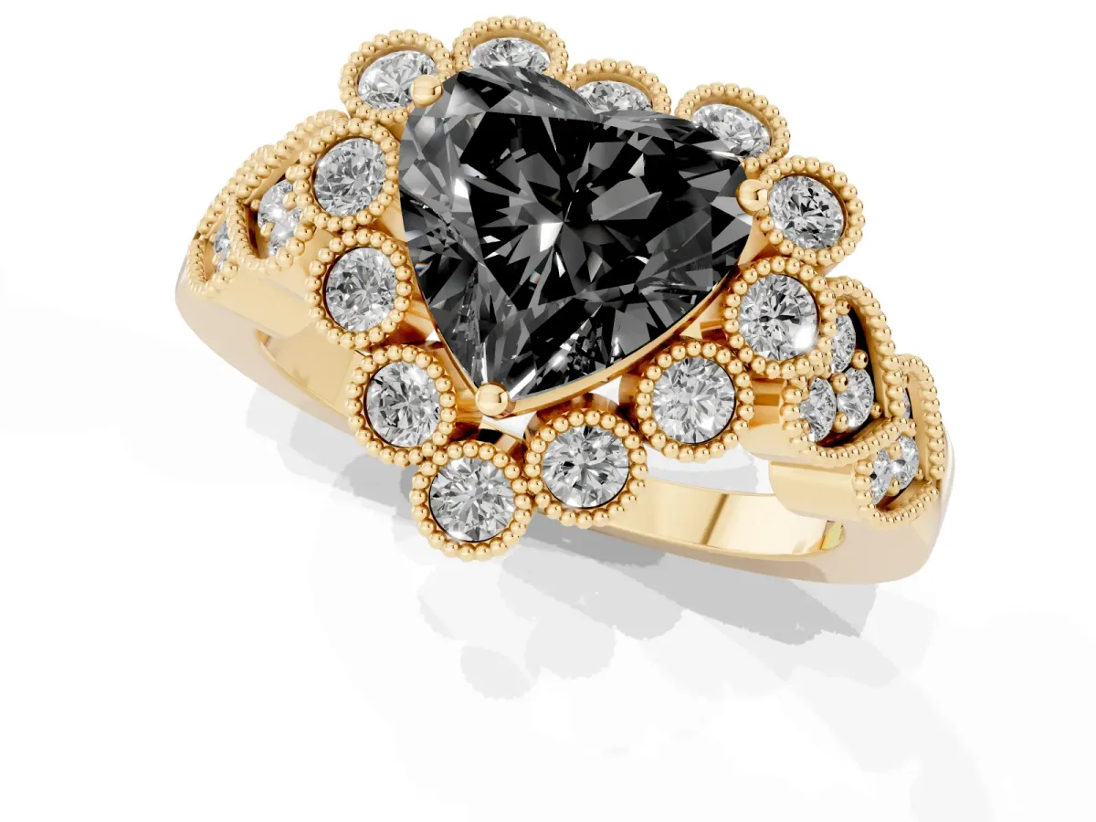 Fancy Black Heart Cut Brilliant Milgrain Pave Heart Band Solitaire Ring Yellow gold