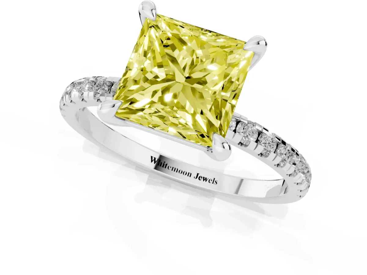 Fancy Yellow Princess Cut Diamond Brilliant Solitaire Ring with Pavé Band and Four-Prong Setting Platinum