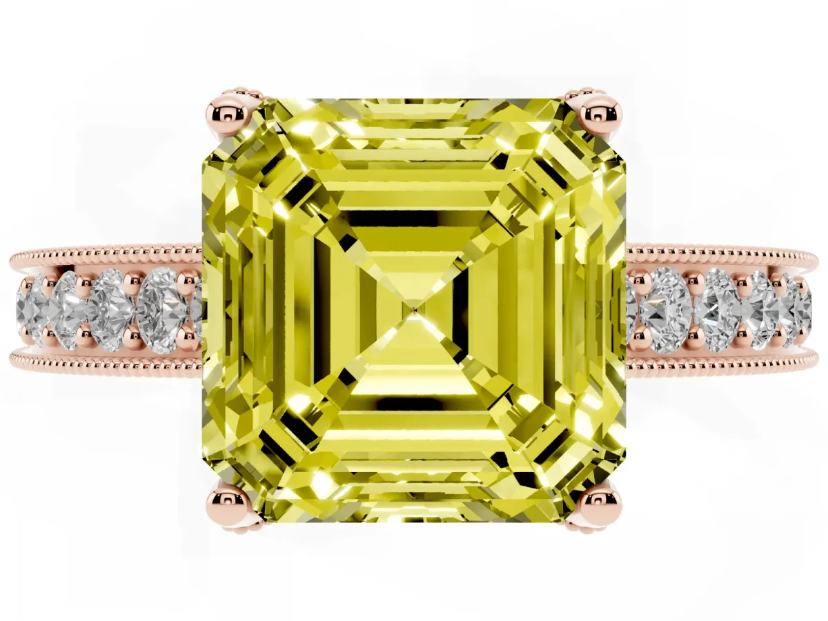 Fancy Yellow Asscher Cut Cut Diamond Solitaire Ring with Milgrain Pave Band and Four Prong Setting Rose gold