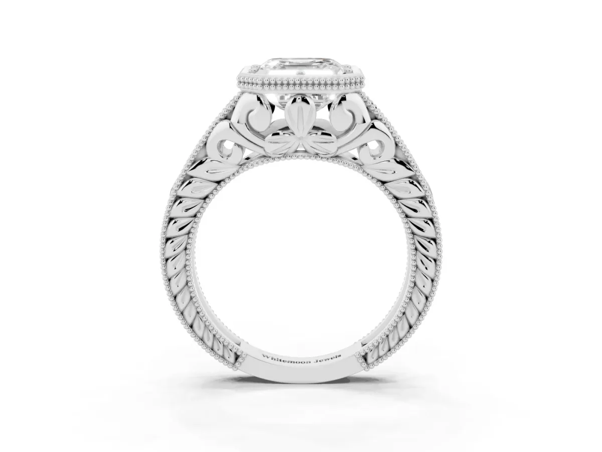 Bezel Set Asscher Cut Diamond Milgrain Pave Engagement Ring White gold