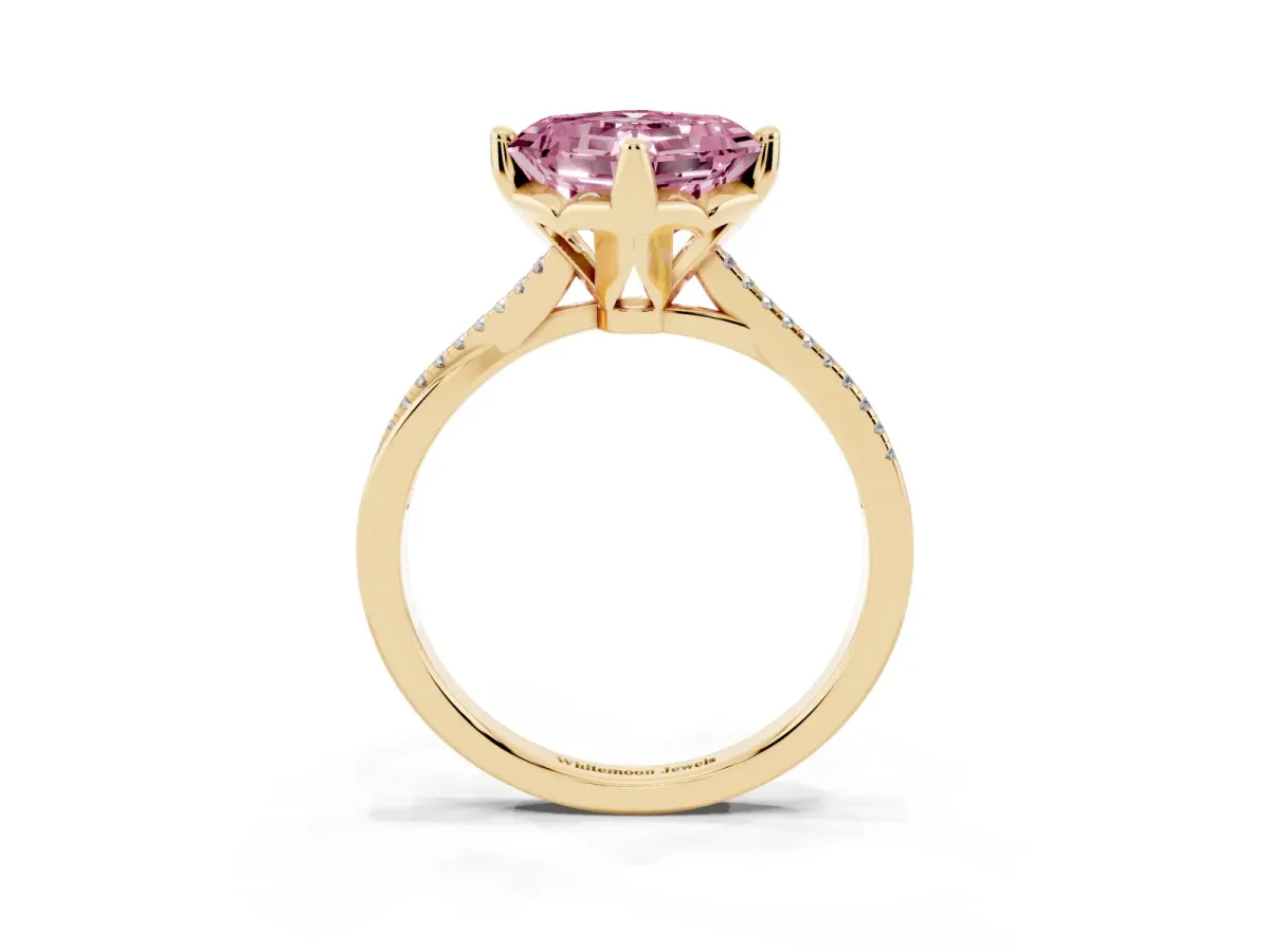 Fancy Pink Asscher Cut Solitaire Twist Band with Pavé Diamonds and Four-Prong Setting Yellow gold