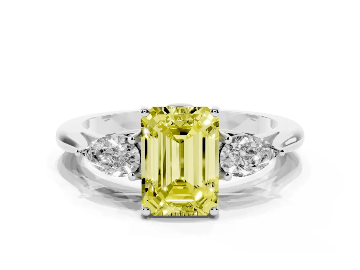 Fancy Yellow Three-Stone Emerald Cut Diamond Ring with Pear Side Stones in Four-Prong Setting Silver