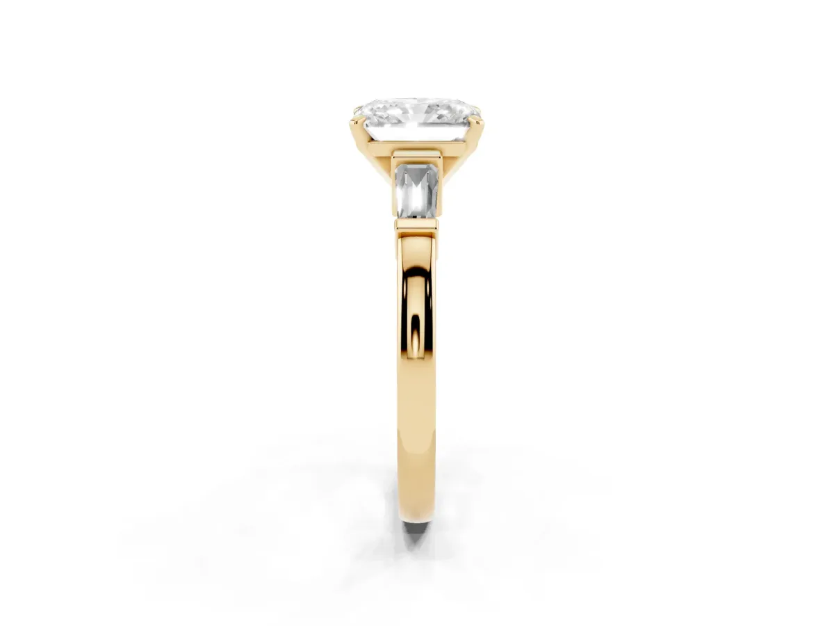 Radiant Cut Cut Diamond Solitaire Ring with Tapered Baguette Accents and Four-Prong Setting Yellow gold