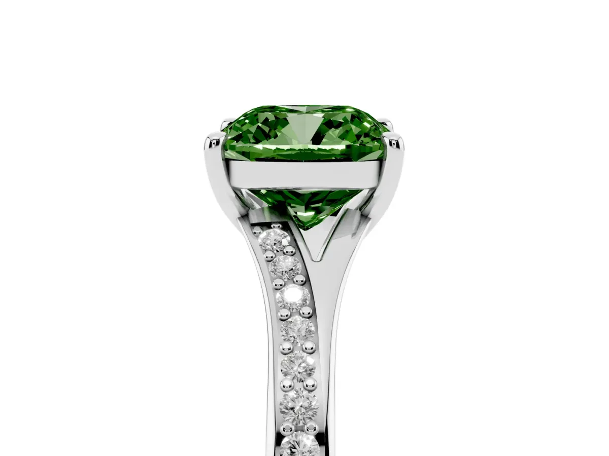 Fancy Green Cushion Cut Diamond Solitaire Ring with Pavé Band and Prong Setting Silver