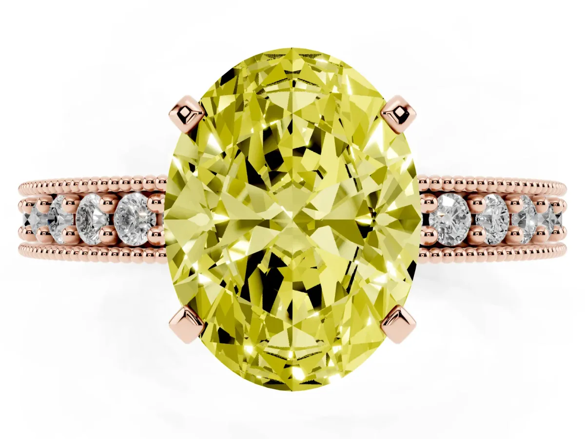 Fancy Yellow Oval Cut Diamond Milgrain Pavé Engagement Ring with Four-Prong Setting Rose gold