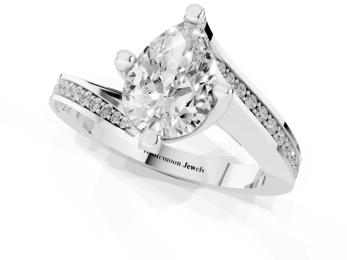 Pear Cut Solitaire Diamond Twist Band with Pavé Setting and Four-Prong Setting Silver