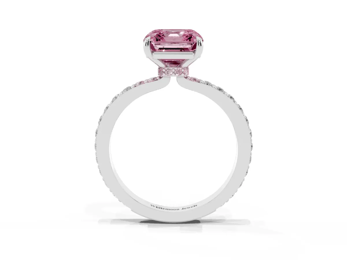 Fancy Pink Asscher Cut Diamond Pavé Engagement Ring with Round Accents and Prong Setting White gold