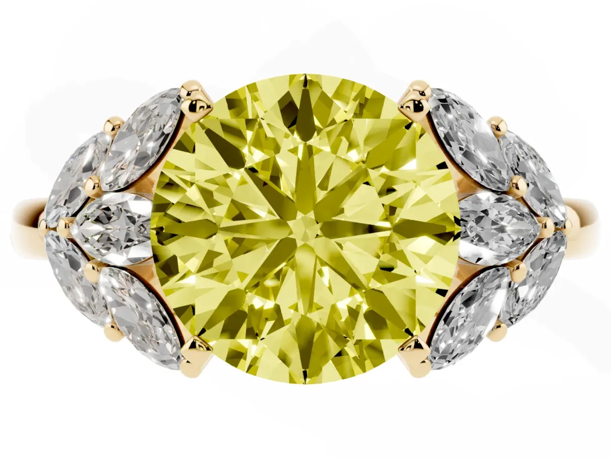 Fancy Yellow Round Cut Diamond Cluster Leaf Design Ring with Prong Setting Yellow gold