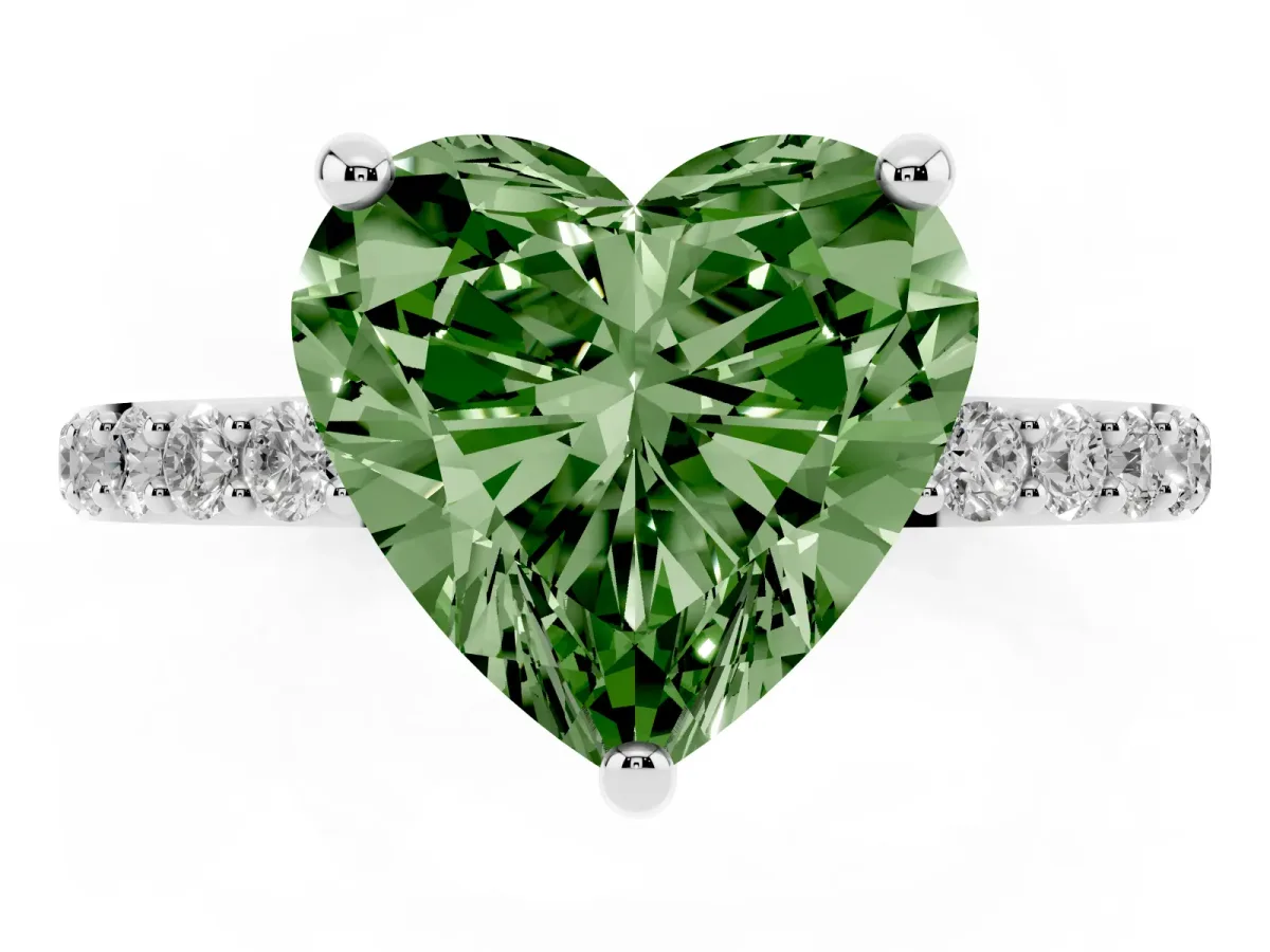 Fancy Green Heart Cut Diamond Solitaire Ring with Round Pavé Band and Prong Setting Silver