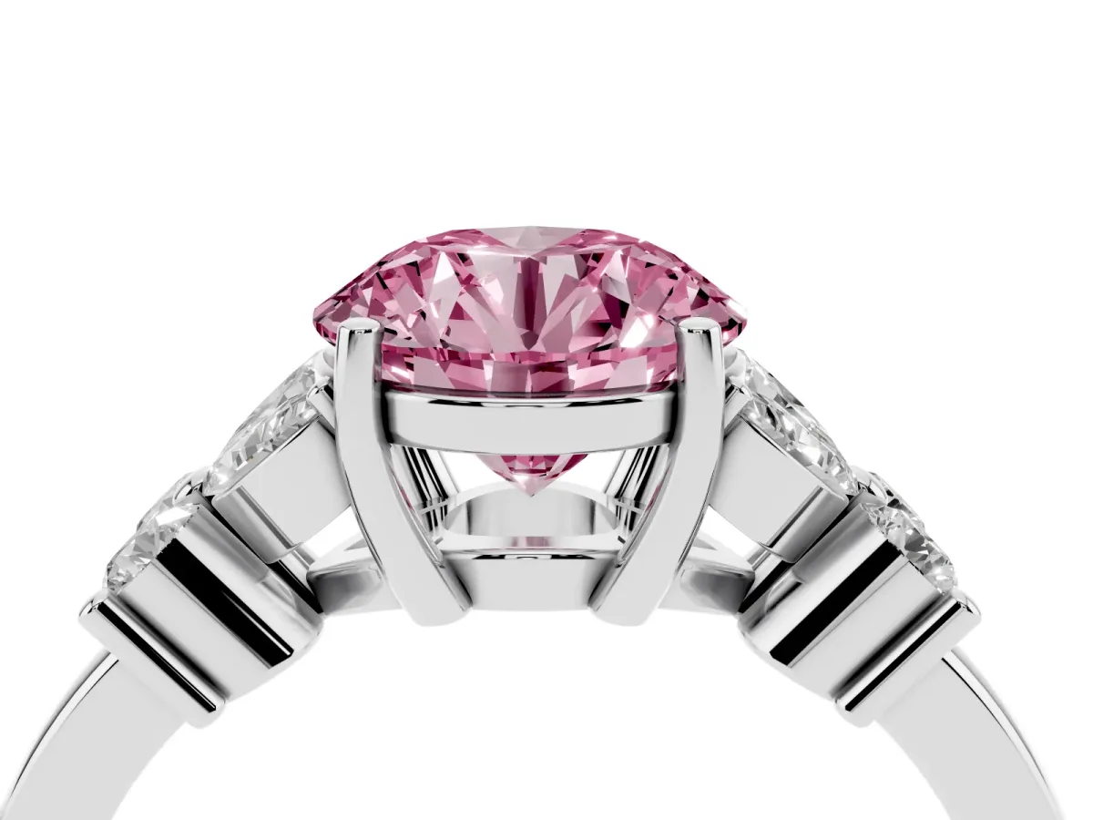 Fancy Pink Round Cut Diamond Floral Cluster Ring with Solitaire Band and Prong Setting Silver