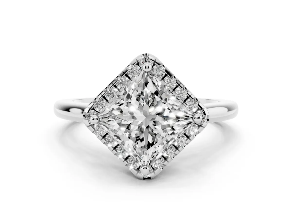 Princess Cut Halo Round Diamond Solitaire Engagement Ring with Pave Band and Four-Prong Setting White gold
