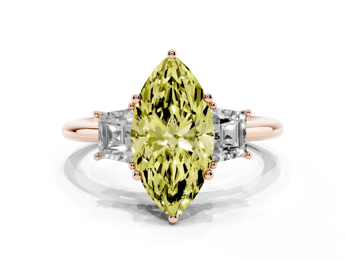 Fancy Yellow Marquise Cut Diamond Three-Stone Ring with Trapezoid Side Stones and Prong Setting Rose gold