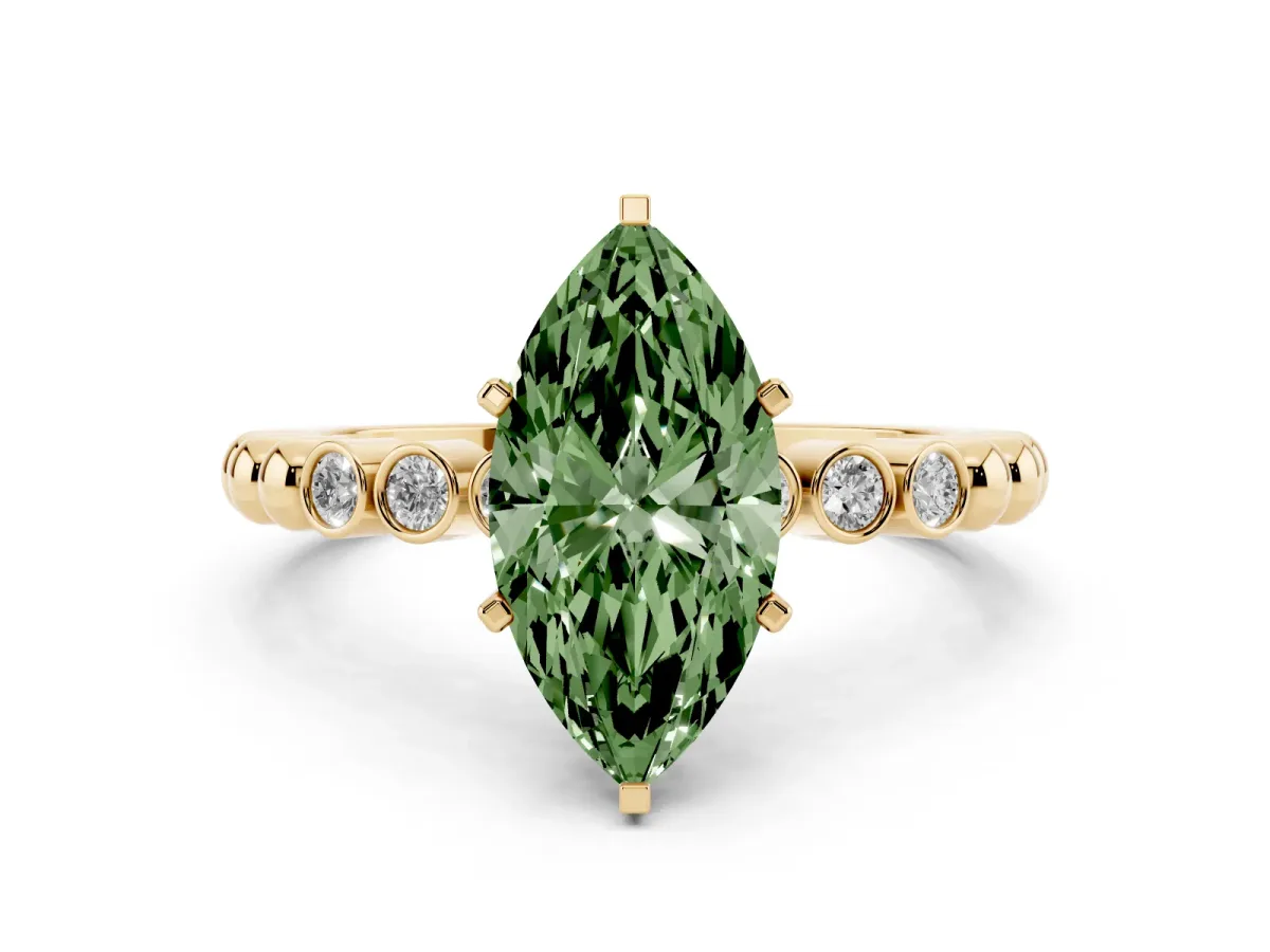 Fancy Green Marquise Cut Solitaire Bezel Accent Diamond Engagement Ring with Beaded Band and Four-Prong Setting Yellow gold