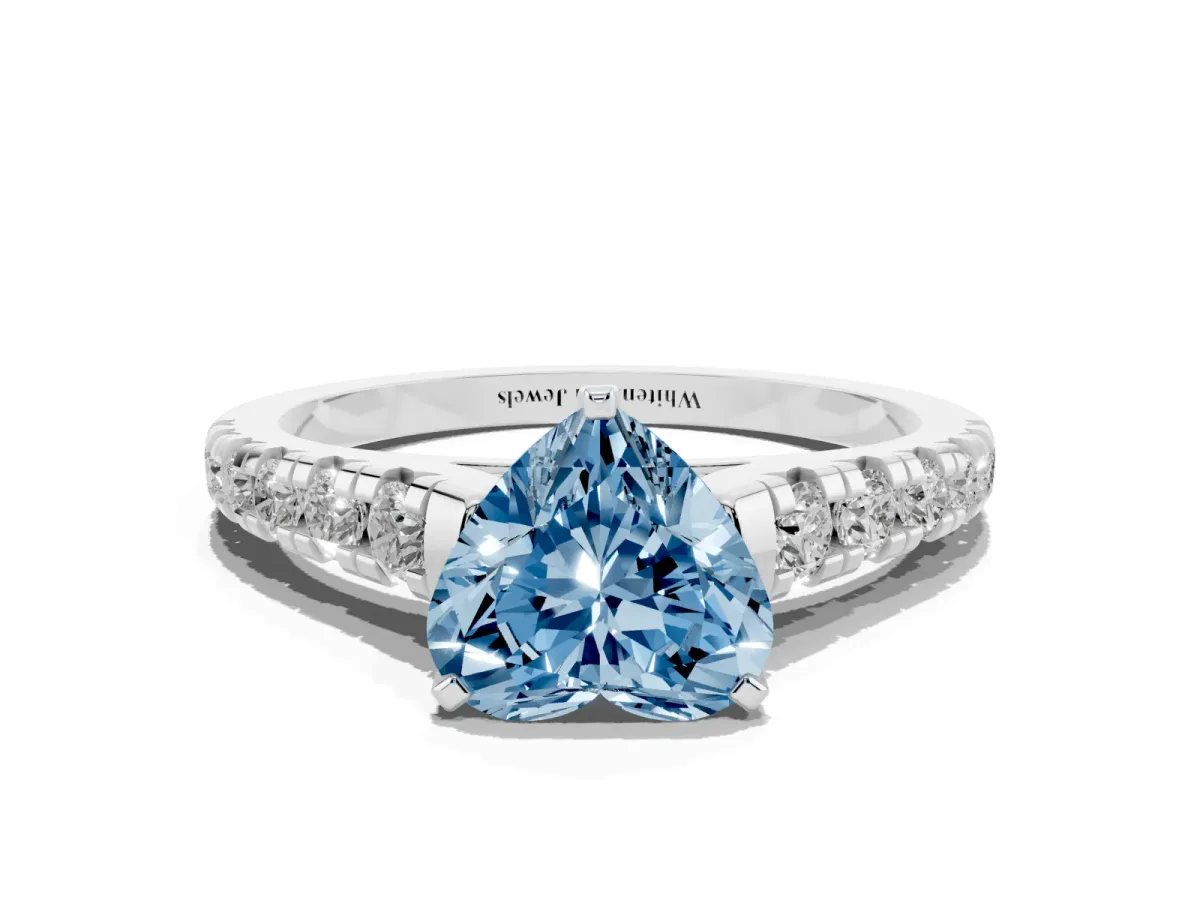Fancy Blue Heart Cut Diamond Cathedral Solitaire Ring with Round Pavé Band Silver