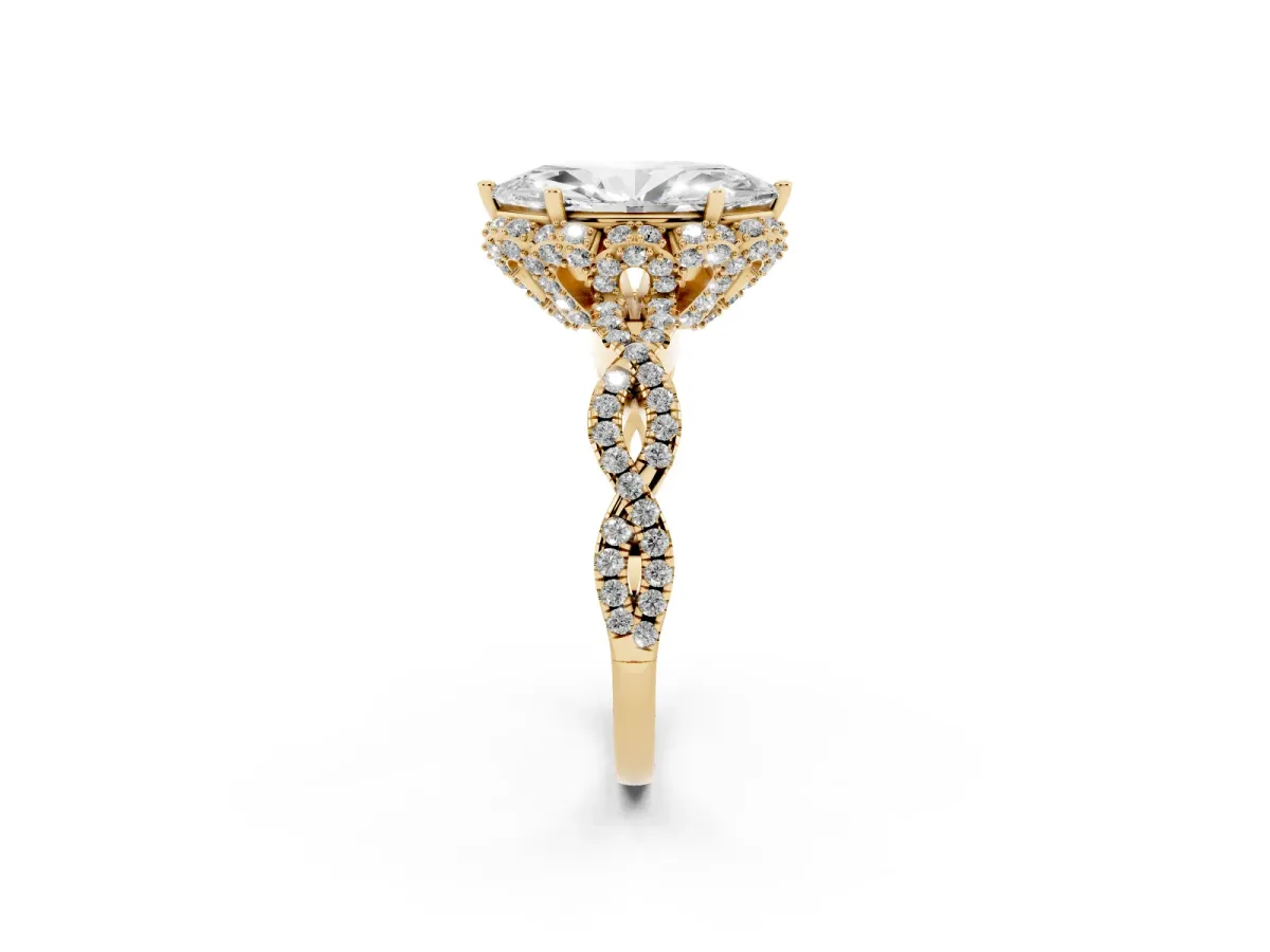 Marquise Cut Halo Twist Band Solitaire Ring with Six-Prong Setting Yellow gold