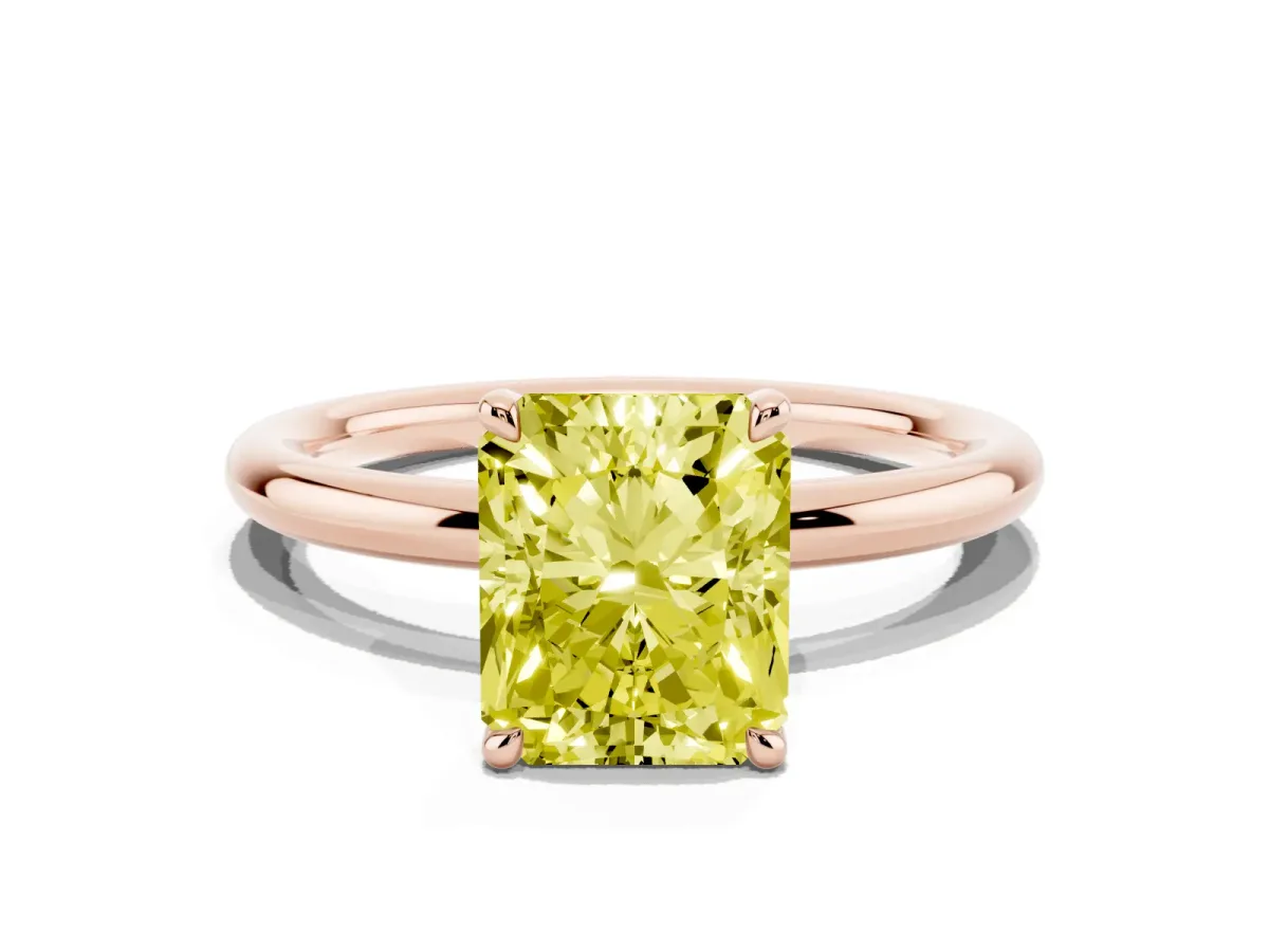 Fancy Yellow Radiant Cut Diamond Solitaire Ring with Thin Band and Four-Prong Setting Rose gold