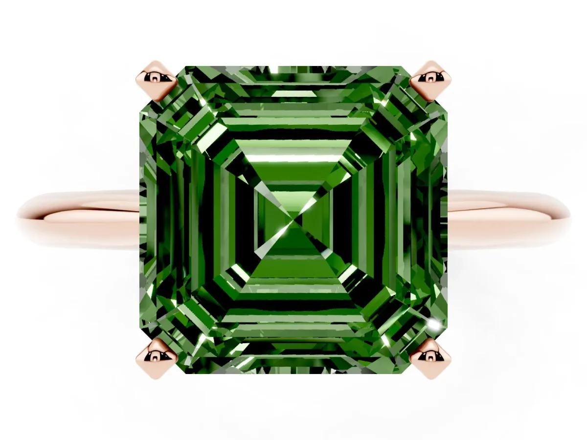 Fancy Green Asscher Cut Cut Solitaire Ring with Four-Prong Setting on a Classic Band Rose gold