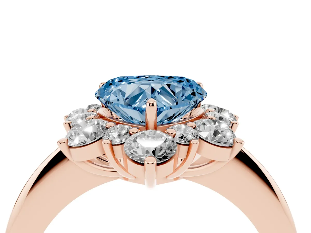 Fancy Blue Heart Cut Diamond Cluster Halo Ring with Solitaire Band and Four-Prong Setting Rose gold