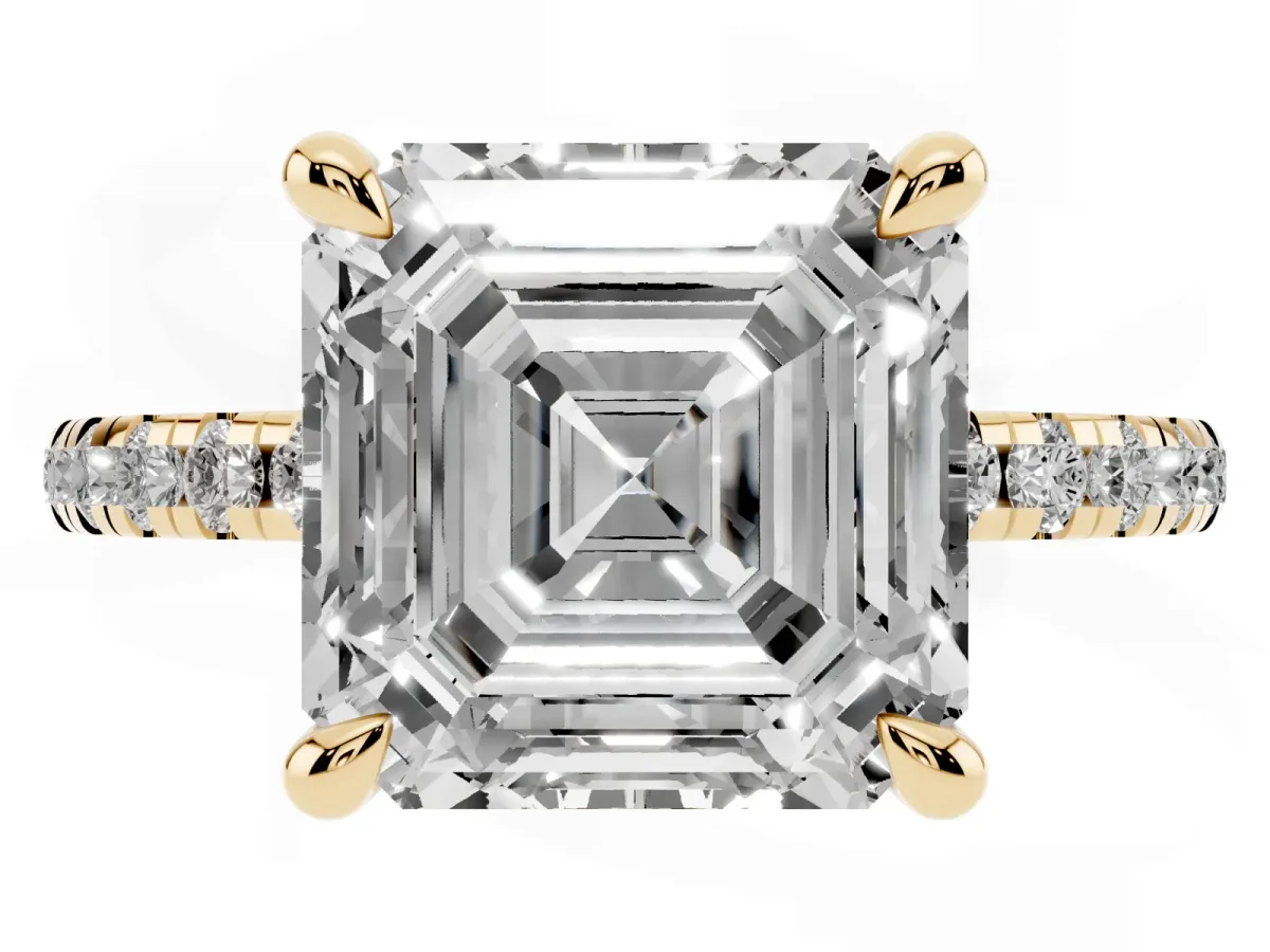 Asscher Cut Diamond Brilliant Solitaire Ring with Pavé Band and Four-Prong Setting Yellow gold