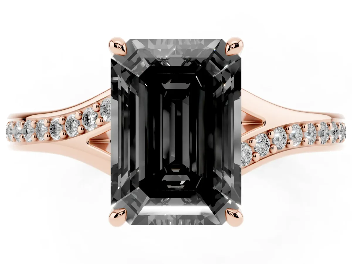 Fancy Black Emerald Cut Diamond Solitaire Ring with Pavé Band and Prong Setting Rose gold