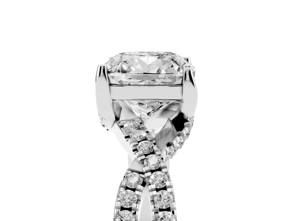 Cushion Cut Solitaire Twist Pave Diamond Engagement Ring with Prong Setting Silver