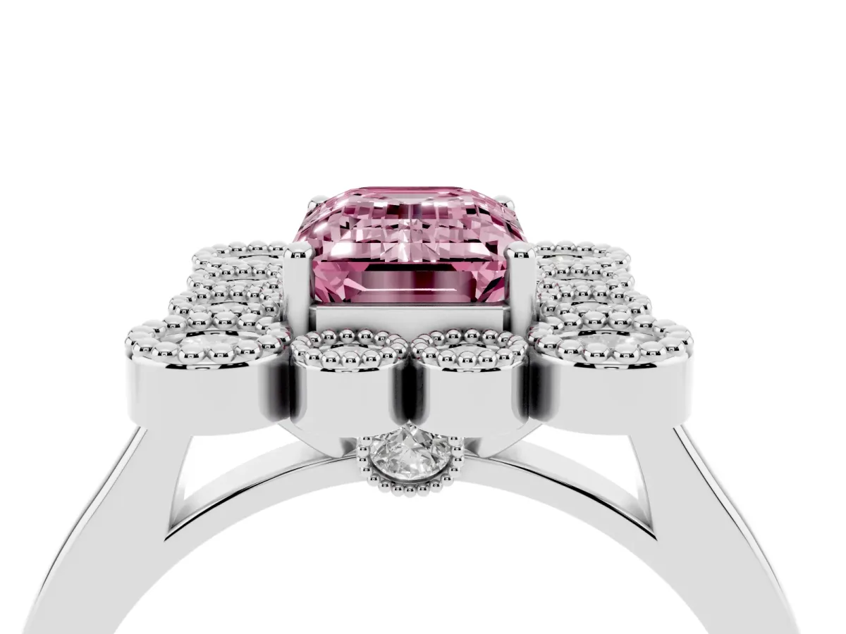 Fancy Pink Emerald Cut Halo Diamond Cluster Engagement Ring with Milgrain Bezel Setting and Solitaire Band Platinum