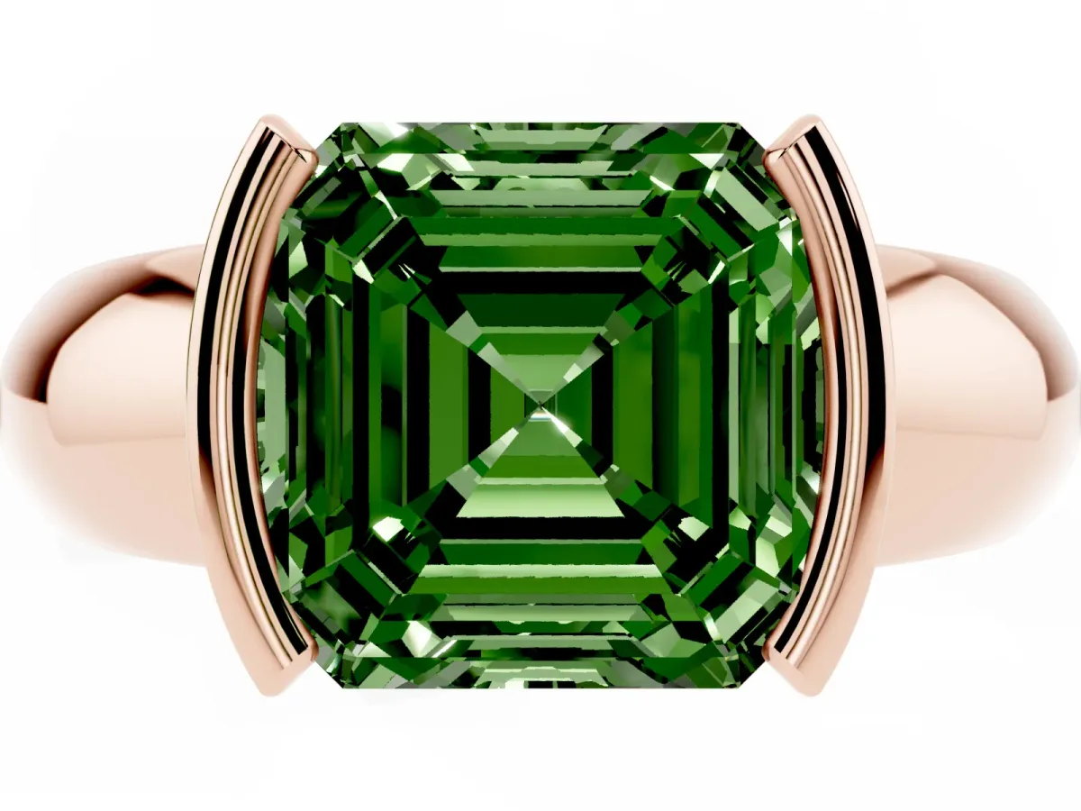 Fancy Green Asscher Cut Solitaire Tension Set Diamond Ring with Wide Band Rose gold