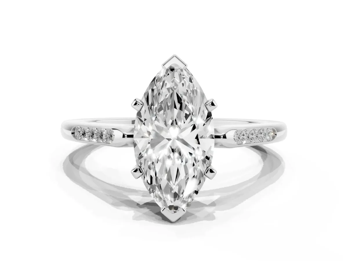Marquise Cut Diamond Solitaire Ring with Channel Set Round Band and Prong Setting Silver