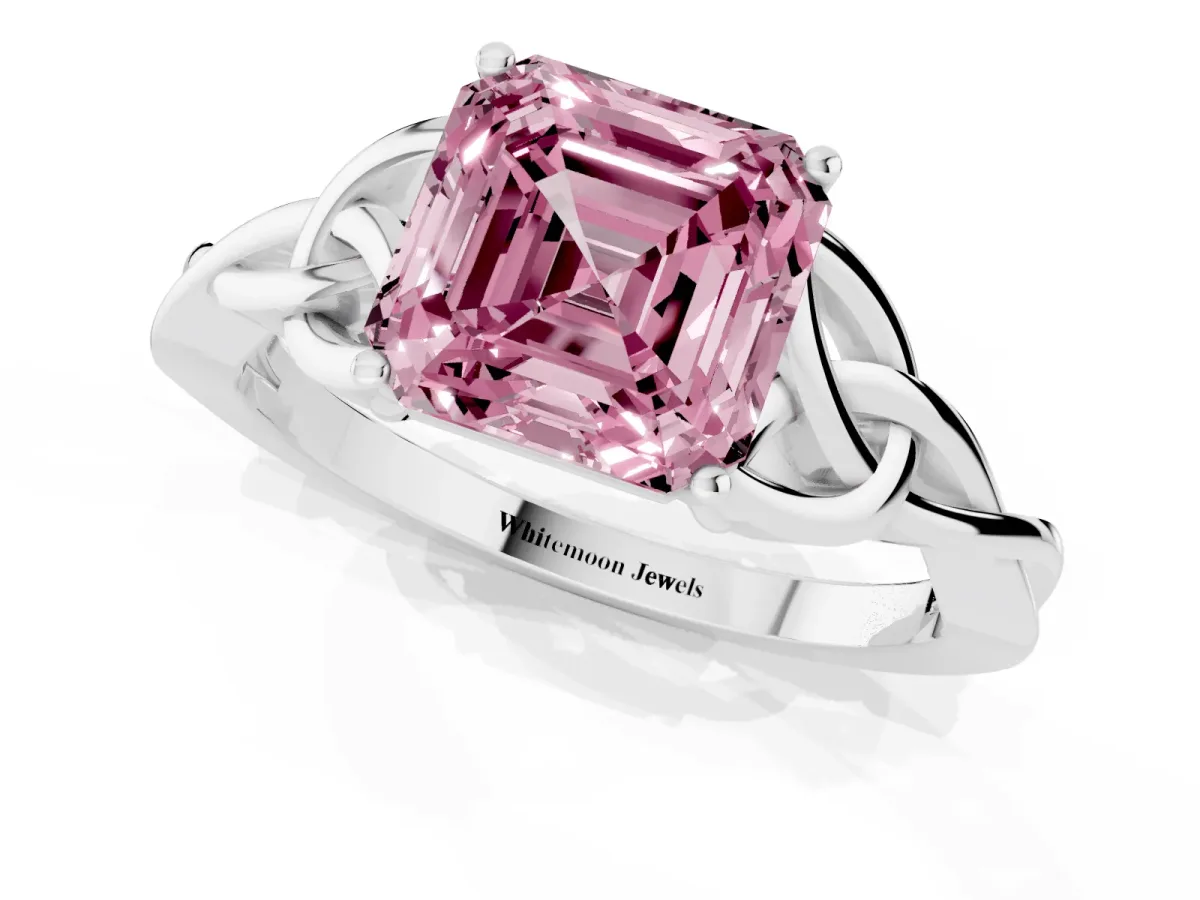 Fancy Pink Asscher Cut Diamond Solitaire Engagement Ring with Celtic Knot Band and Four-Prong Setting Silver