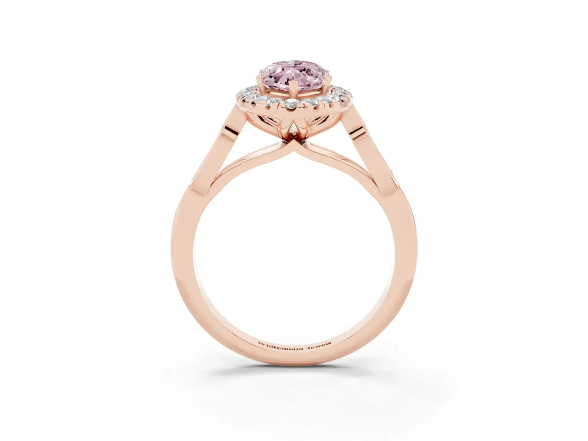 Fancy Pink Marquise Cut Halo Diamond Engagement Ring with Filigree Band and Four-Prong Setting Rose gold