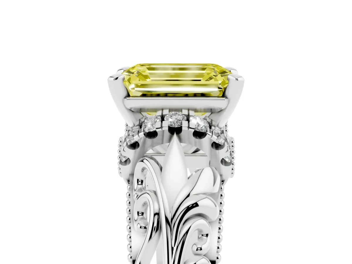 Fancy Yellow Emerald Cut Solitaire Filigree Engagement Ring with Halo and Prong Setting Silver