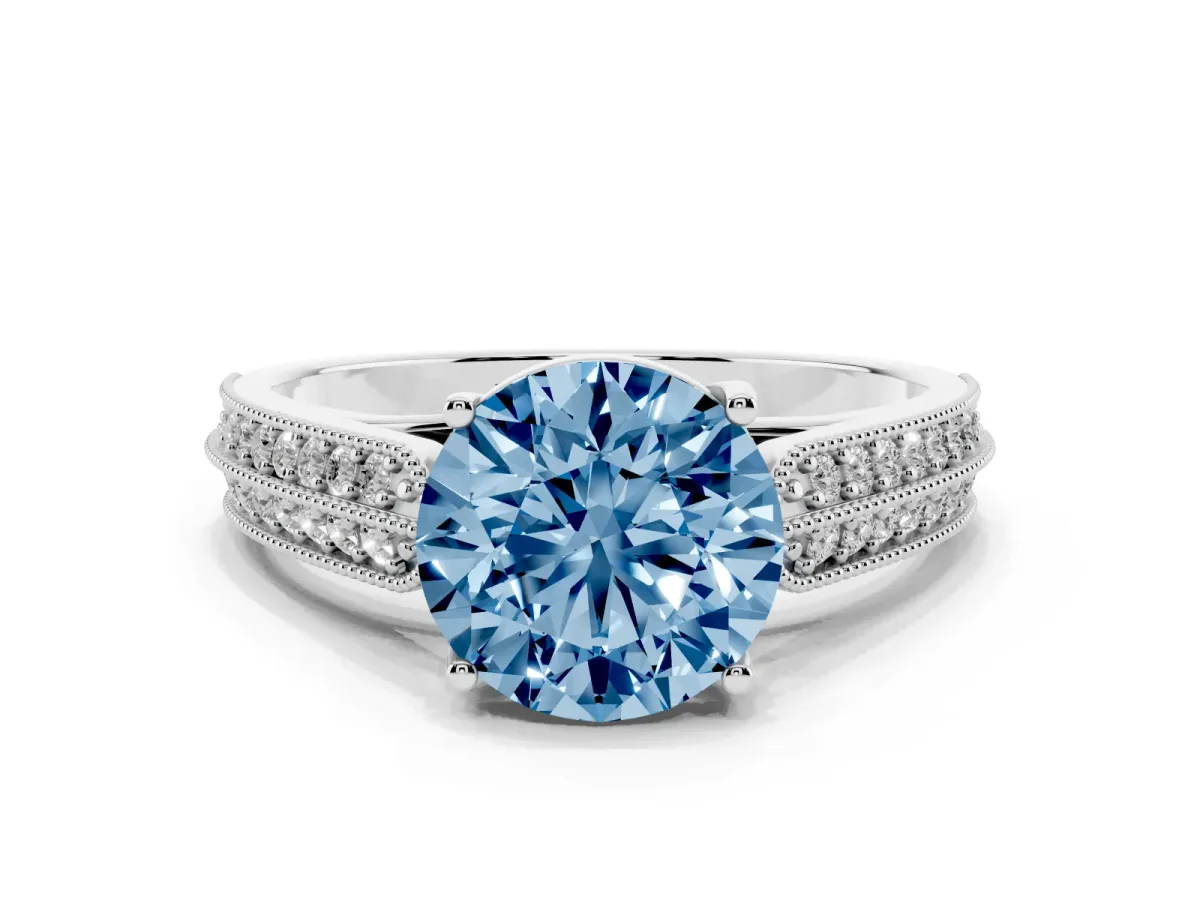 Fancy Blue Round Cut Cut Pave Split Shank Engagement Ring with Four-Prong Setting Platinum