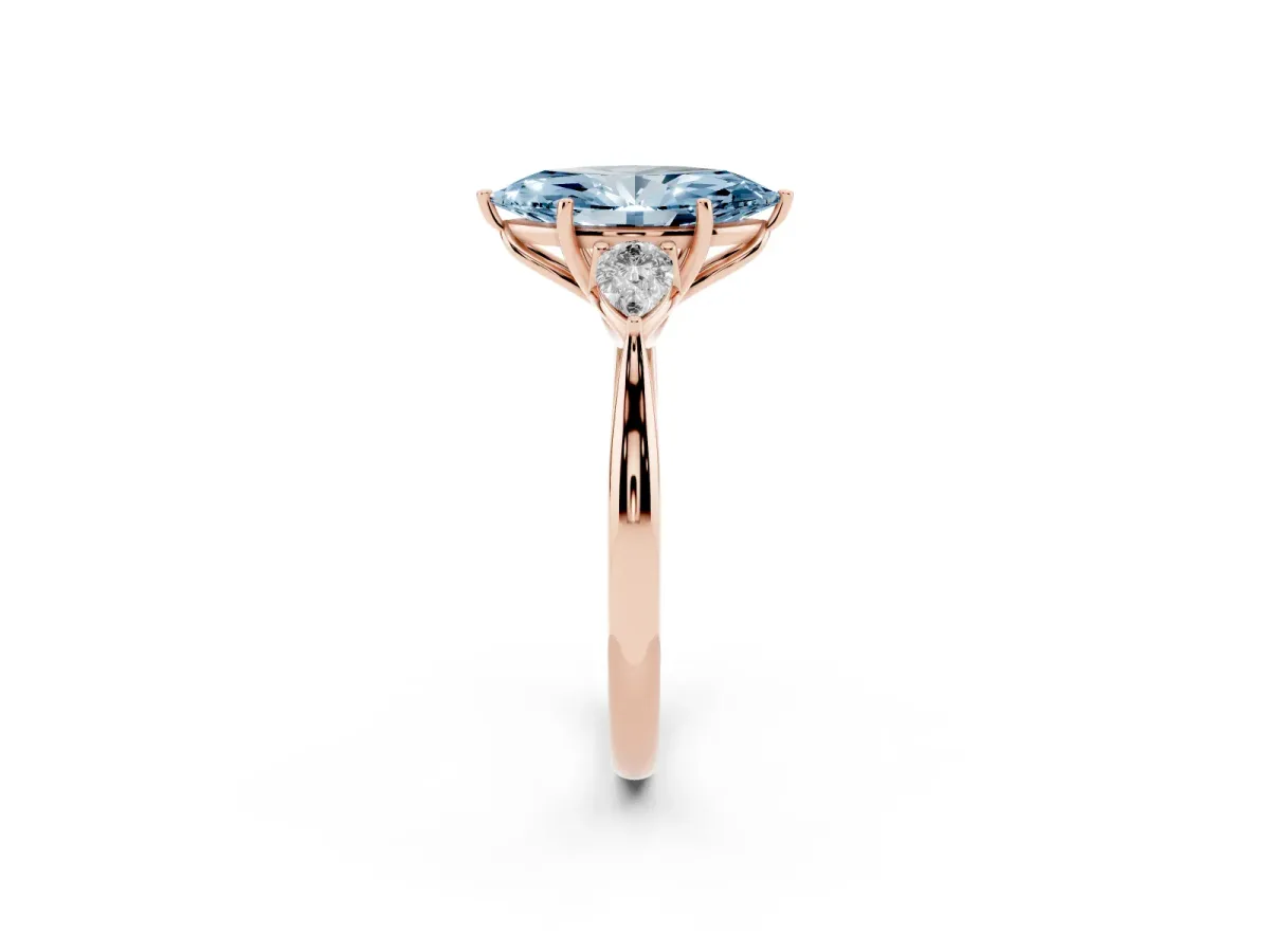 Fancy Blue Marquise Cut Diamond Three-Stone Ring with Pear Side Stones and Prong Setting Rose gold