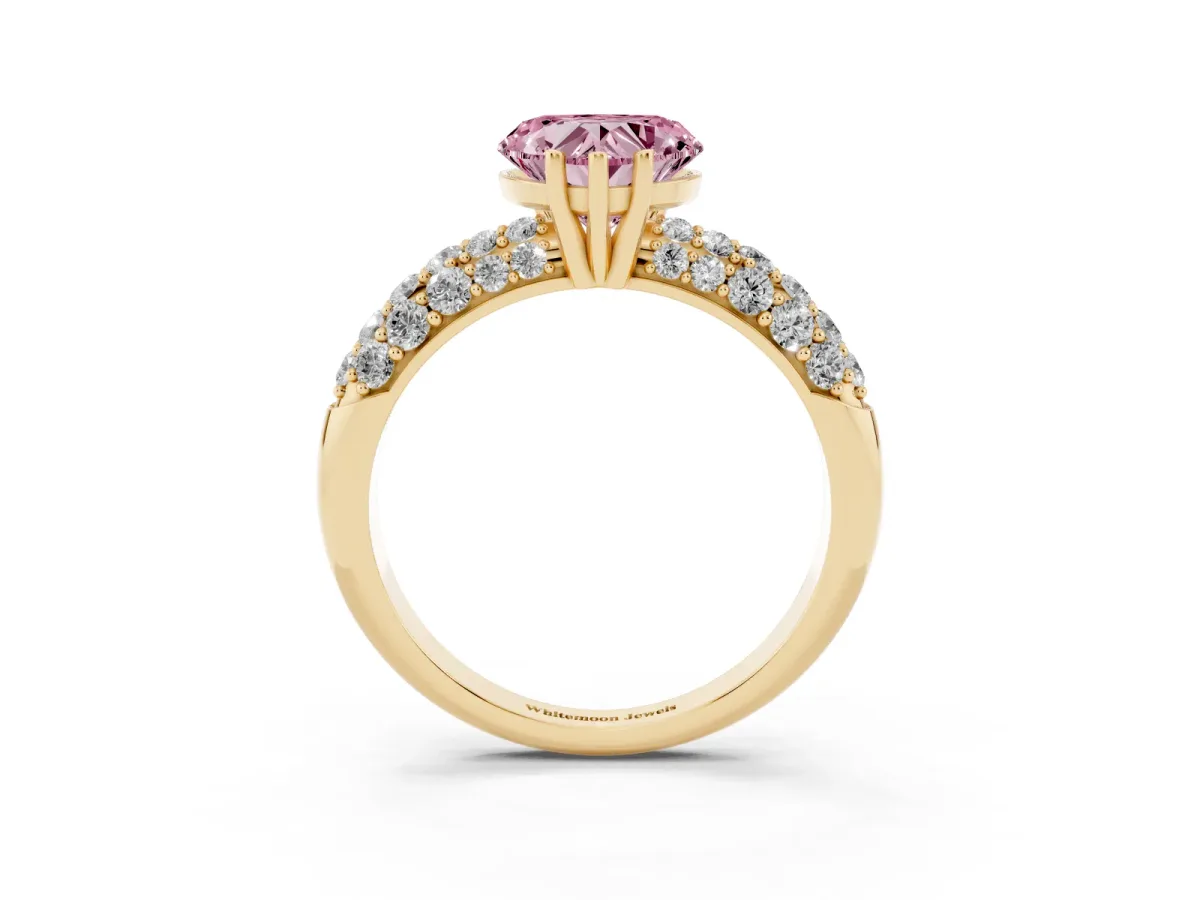 Fancy Pink Heart Cut Diamond Pavé Band Solitaire Ring with Four-Prong Setting Yellow gold
