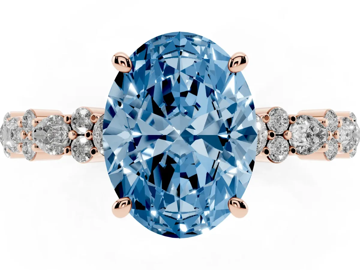 Fancy Blue Oval Cut Diamond Side Stone Solitaire Ring with Round and Four-Prong Setting Rose gold