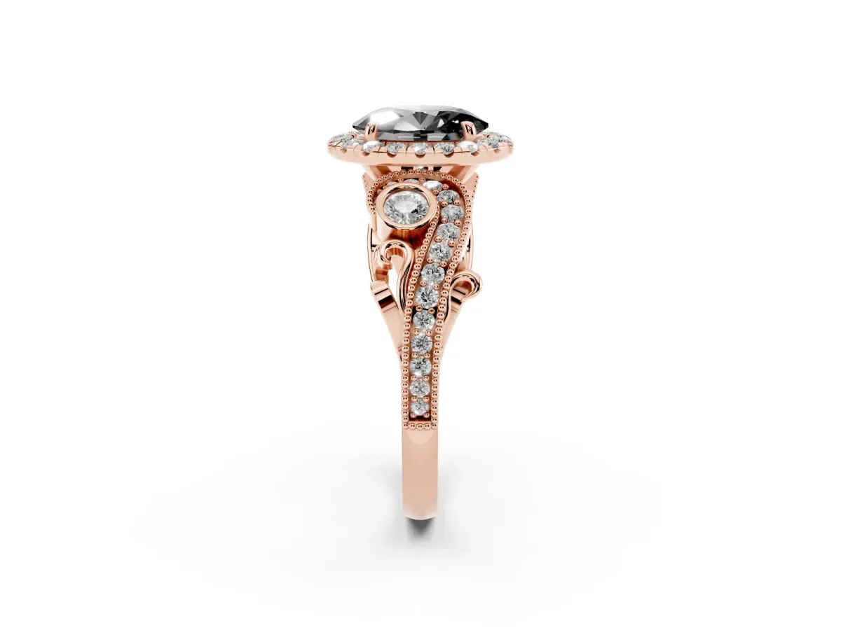 Fancy Black Oval Cut Halo Diamond Ring with Milgrain and Bezel Accents on a Split Shank Band Rose gold