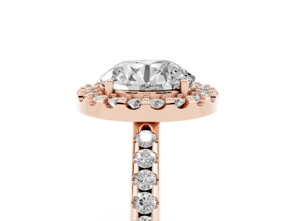 Round Cut Diamond Pavé Halo Ring with Four-Prong Setting Rose gold