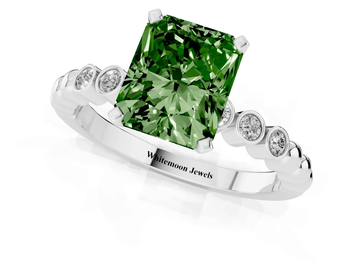 Fancy Green Radiant Cut Solitaire Bezel Accent Diamond Engagement Ring with Beaded Band and Four-Prong Setting Silver