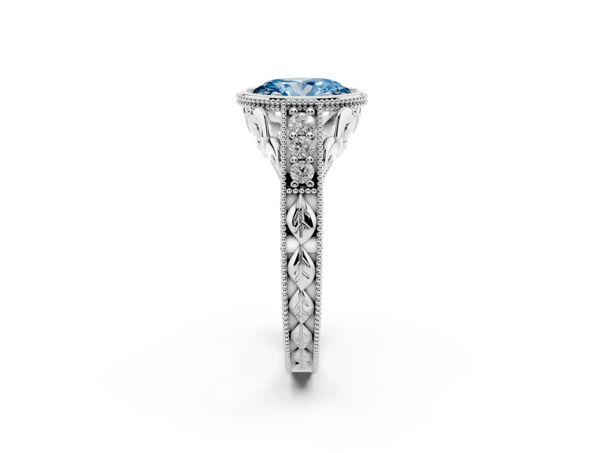 Fancy Blue Bezel Set Oval Cut Diamond Milgrain Pave Engagement Ring Silver