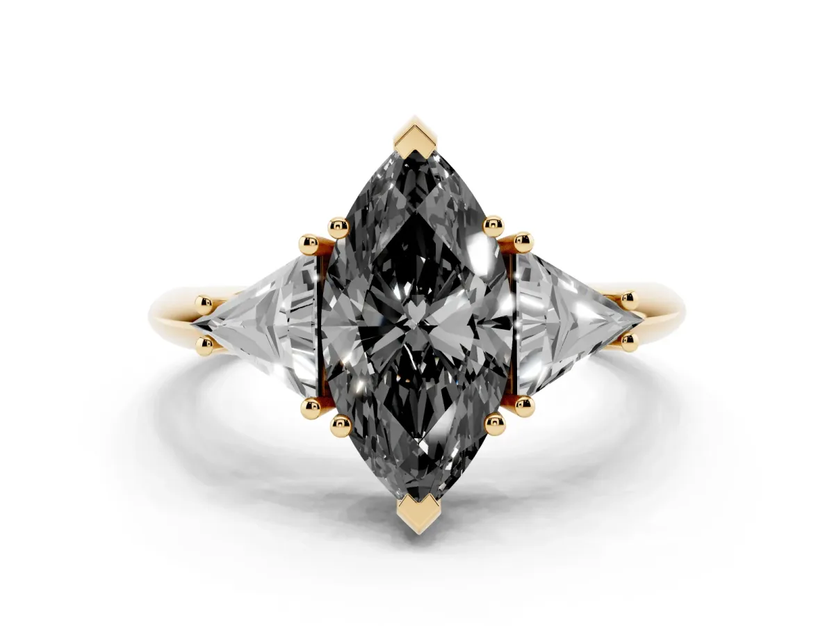 Fancy Black Three-Stone Marquise Cut Diamond Engagement Ring with Trillion Side Stones and Prong Setting Yellow gold