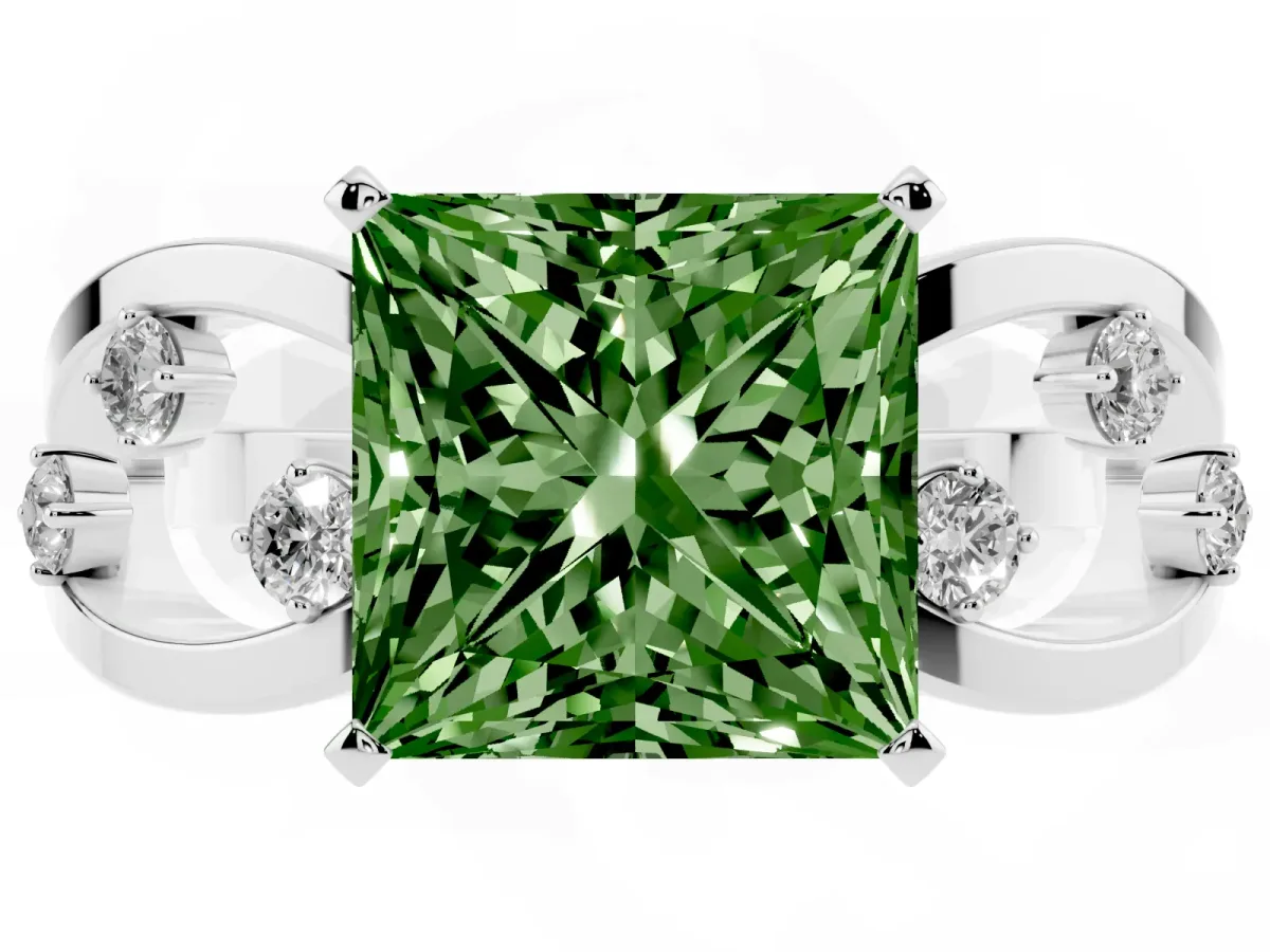 Fancy Green Princess Cut Cut Solitaire Diamond with Side Stones on Criss-Cross Band and Four-Prong Setting Silver