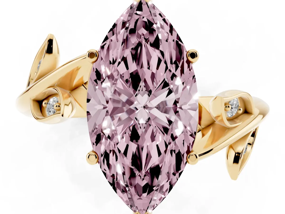 Fancy Pink Marquise Cut Solitaire Twist Engagement Ring with Leaf Accents and Prong Setting Yellow gold