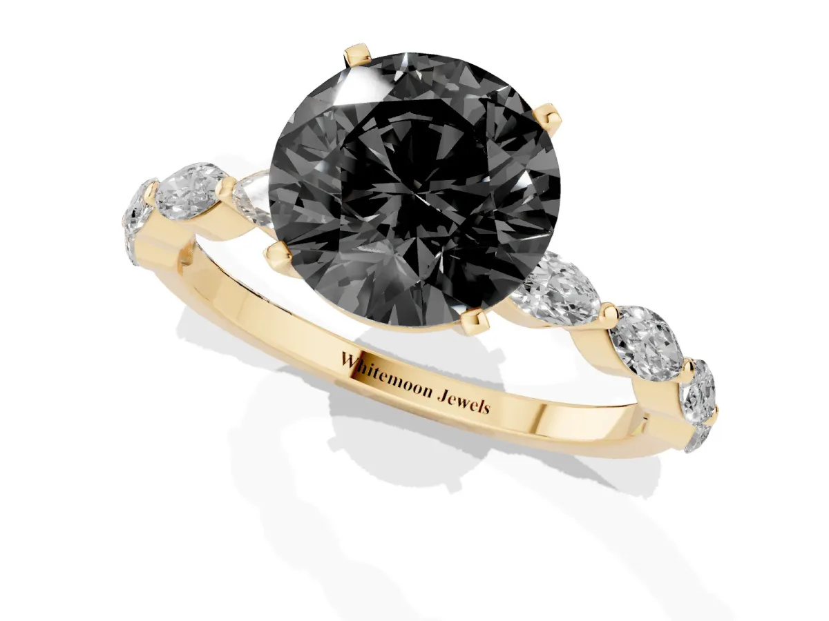 Fancy Black Round Cut Diamond Ring with Marquise Side Stones and Prong Setting Yellow gold