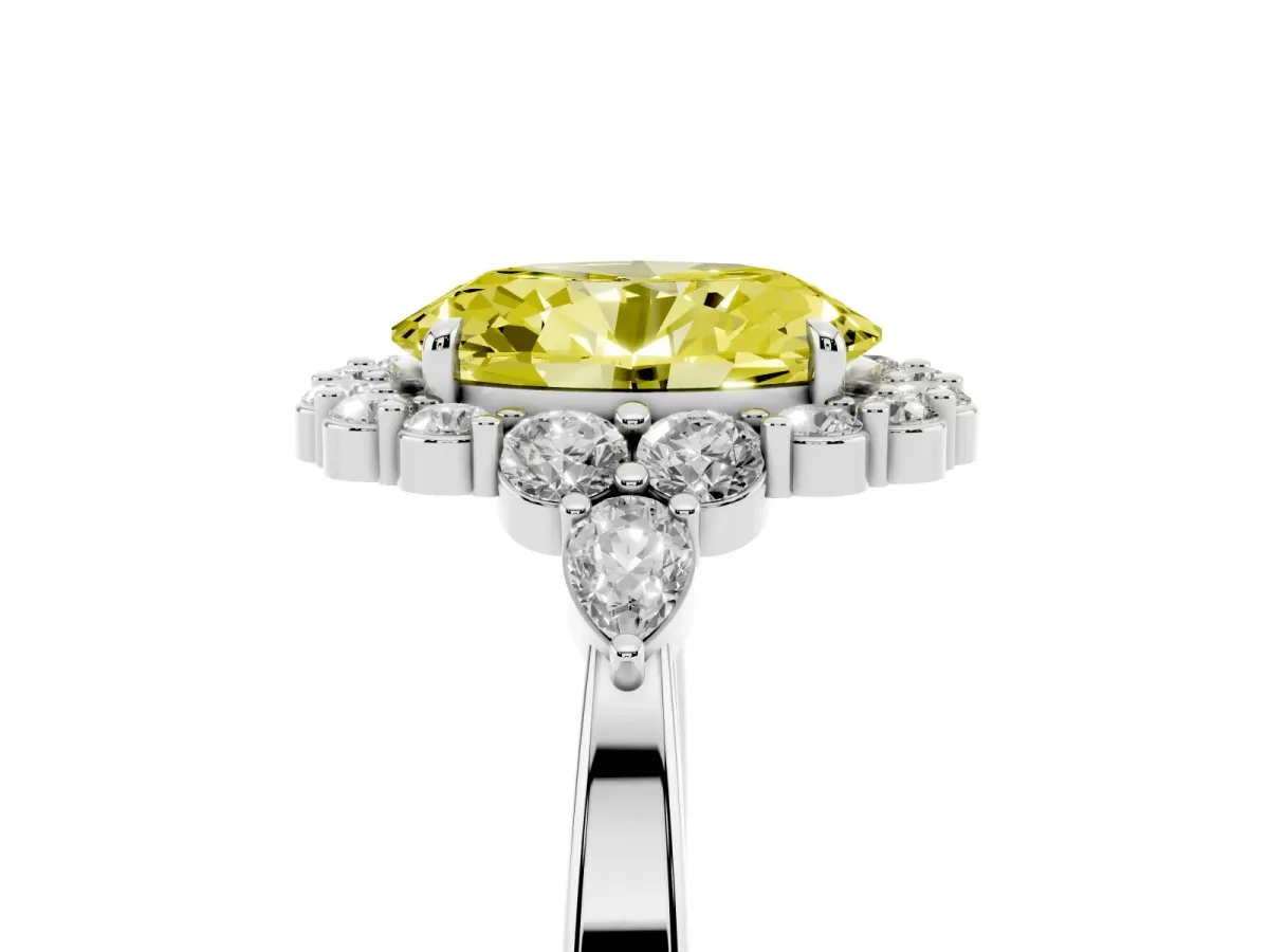 Fancy Yellow Oval Cut Diamond Halo Ring with Pear Side Stones and Prong Setting Silver