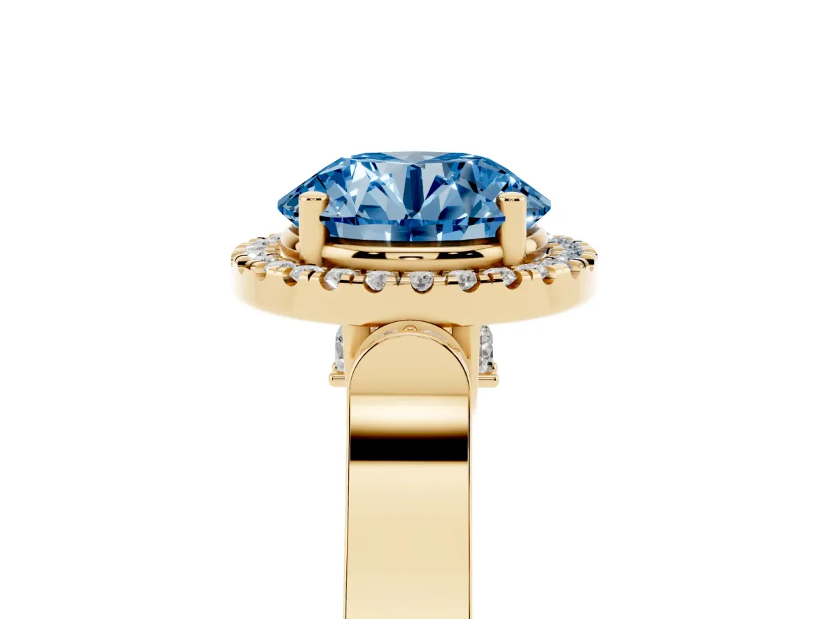 Fancy Blue Round Cut Halo Pave Split Shank Prong Setting Ring Yellow gold